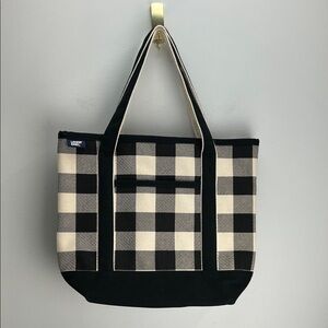 Lands End Buffalo Check Medium 5 Pocket Open Top Canvas Tote Bag Black Cream